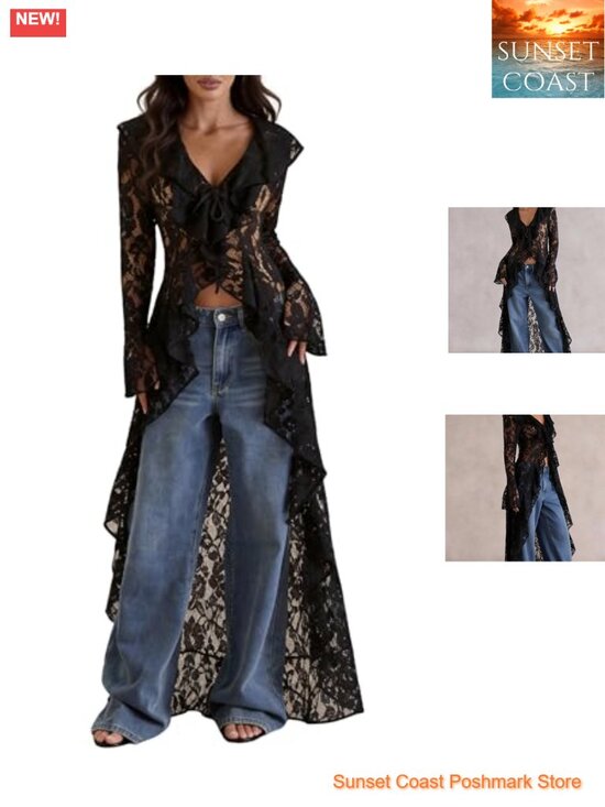 Sweaters - Lace Cardigan Women Maxi Lightweight Open Front Tie Bell Long Sleeve Ruffled